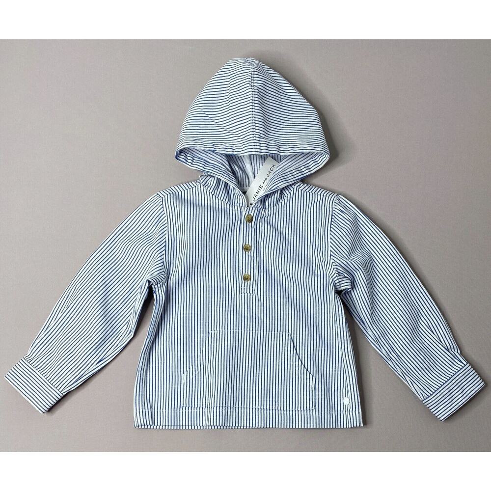 NWT Janie & Jack Hooded Twill Blue/White Stripe Pullover Jacket Boys 3-4 Yrs